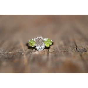 Raw peridot and clear quartz engagement ring, rough cut gemstone ring